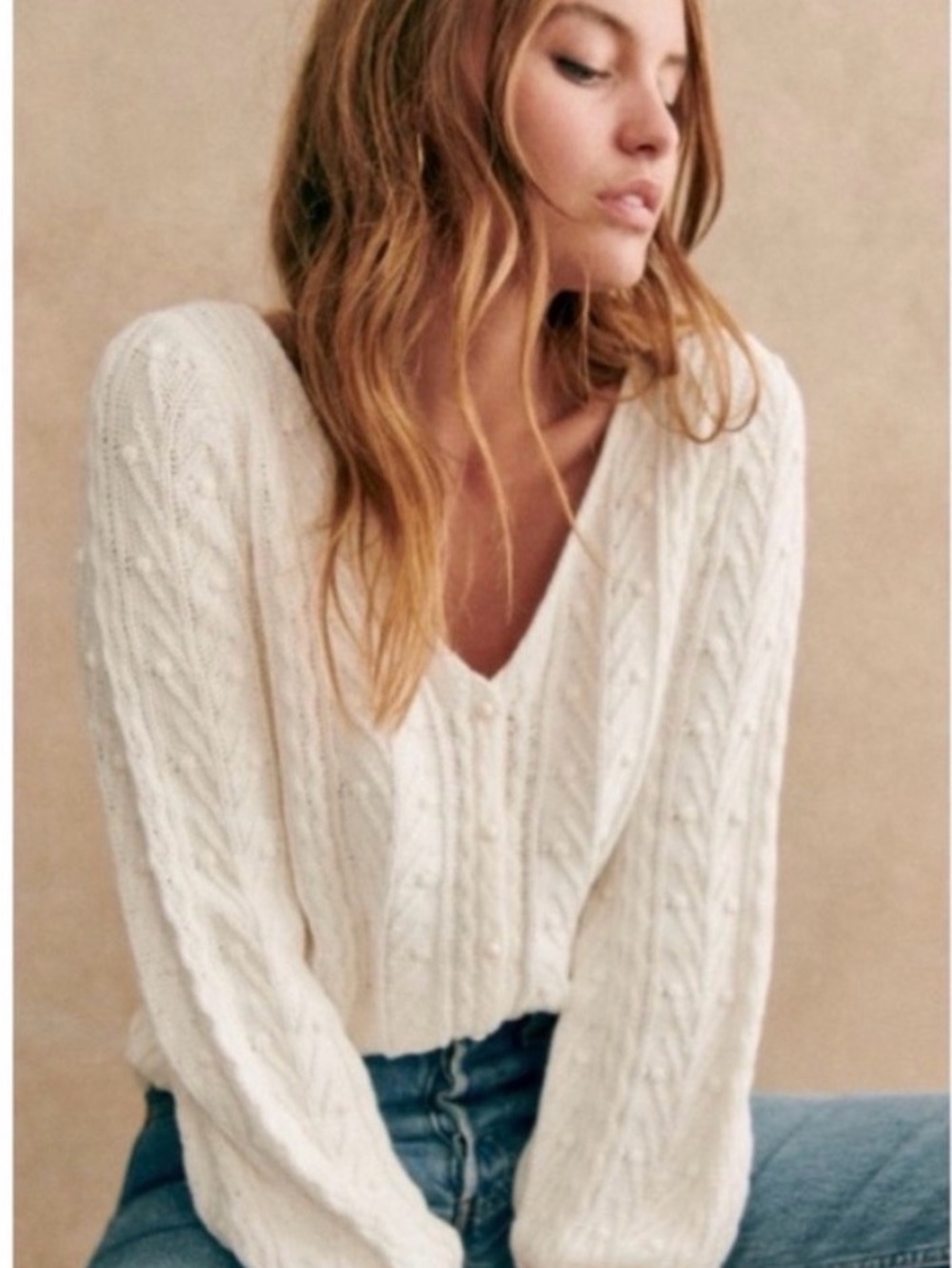Sezane Cream Cable-Knit V-Neck Sweater